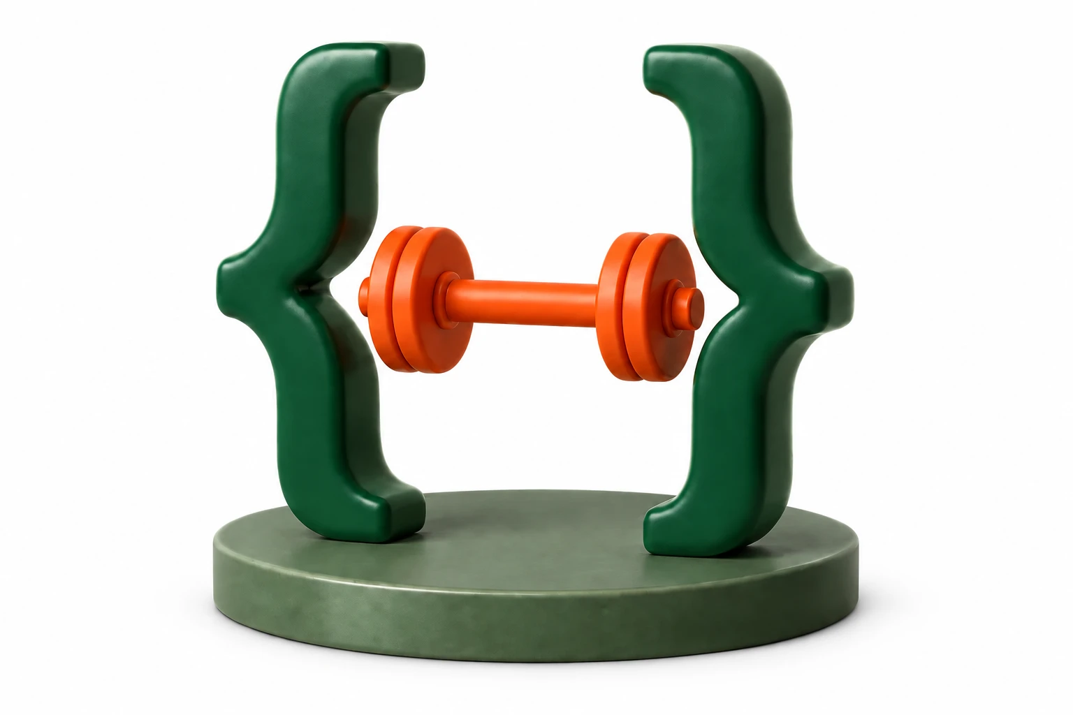 Sculptural green code brackets framing a floating orange barbell above a dark sage platform
